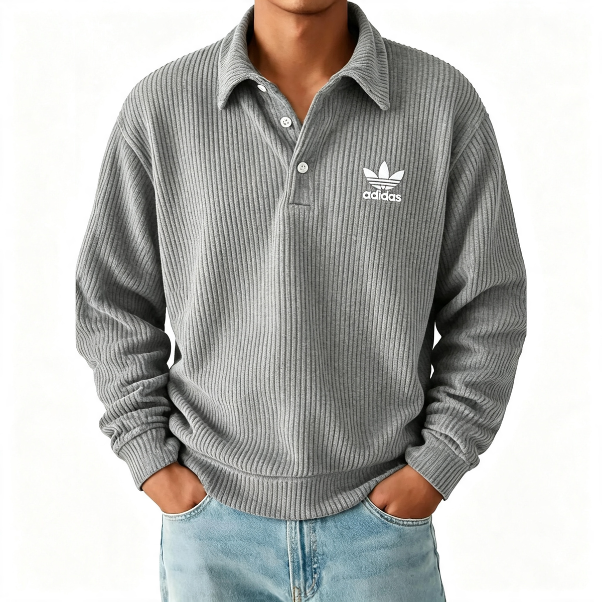 Men's Ribbed Long Sleeve Polo Sweatshirt, Classic Trefoil Logo Casual Pullover